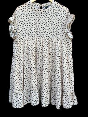 Big Hit Tiered Babydoll Dress Womens 2X Ivory Black Dots Relaxed Ruffle Flowy